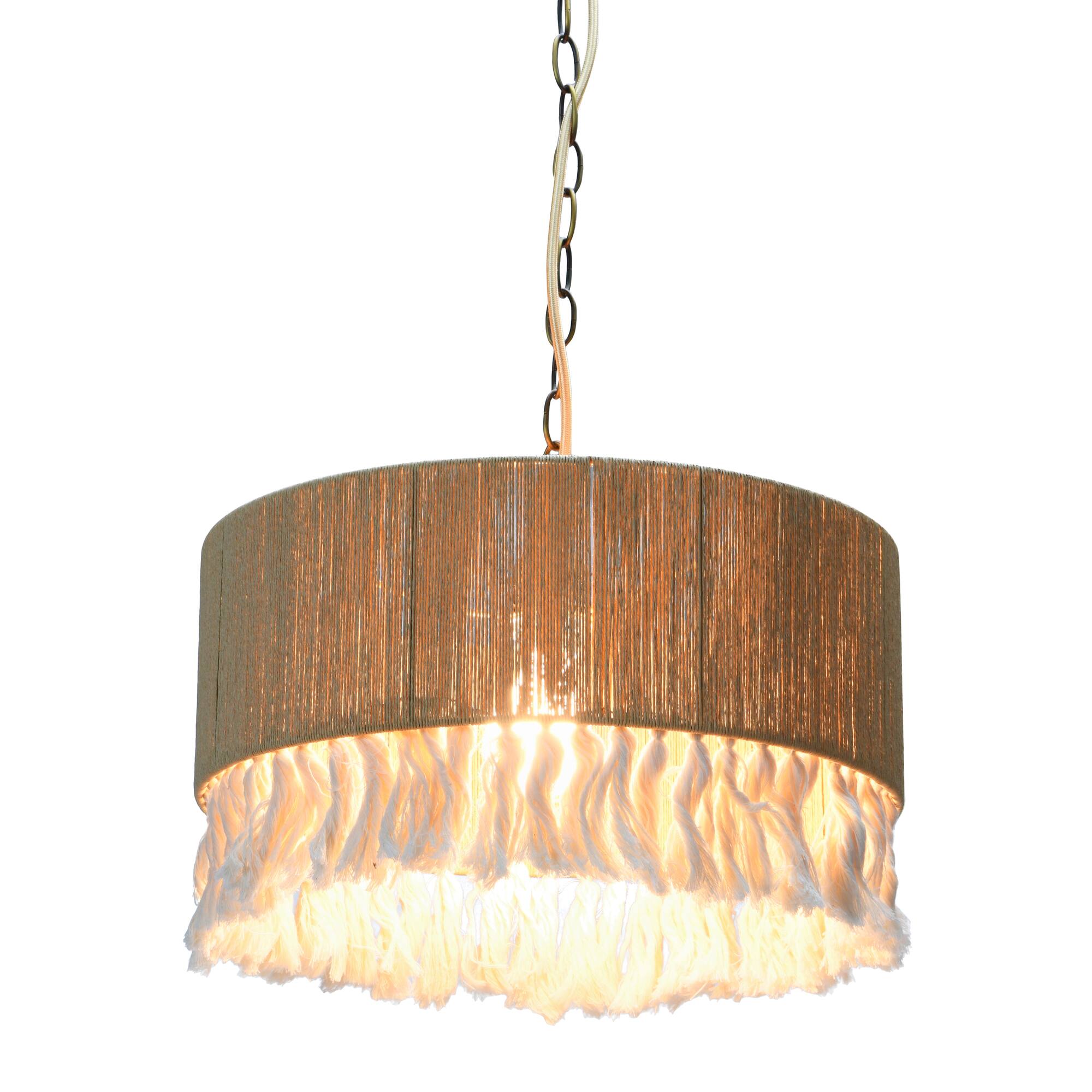 Hello Honey® 16" Brown Coastal Pendant Lamp with Natural Paper Rope Shade, Fringe Detail and Iron Base